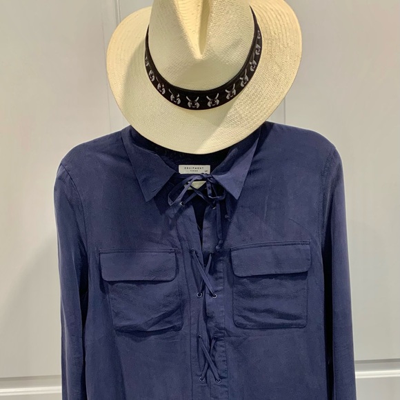 EUC EQUIPMENT  Knox Long Sleeve Button Up Dress  Navy Blue w Pockets 100% silk - Picture 6 of 9